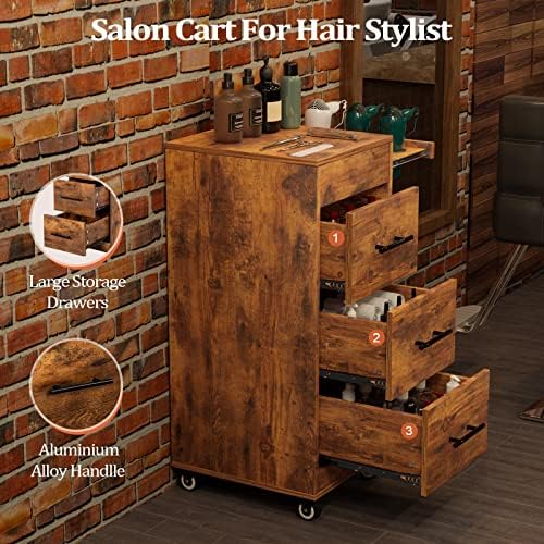 Salon Trolley Cart with Wheels, 3-Drawer Rolling Hair Styling Station, Mobile Beauty Trolley with Hot Tools Holder, Storage for Salon, Barbershop, Spa & Tattoo, Rustic Brown - Image 3