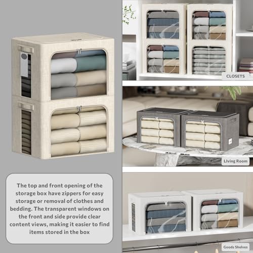 4 Pack Clothes Storage Bins with Metal Frame - 22L Stackable Storage Box with Lid，Foldable Storage Container Organizer for Clothes，Linen Fabric Storage Box with Clear Window＆Zippers＆Handles - Image 2