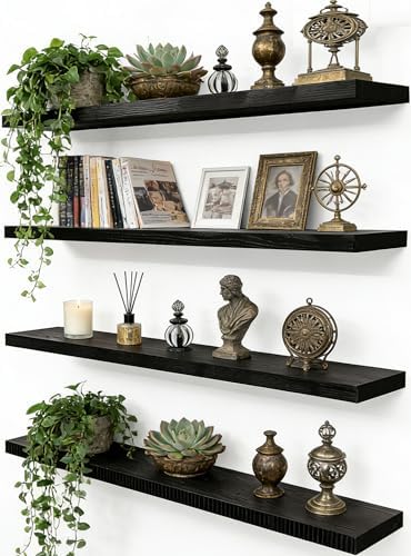 24 Inch Rustic Wood Floating Shelves Farmhouse Wooden Wall Shelves for Bathroom Bedroom Living Room Kitchen Office Set of 4 Black by HXSWY
