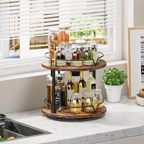 12" Wood Lazy Susan, 2 Tier-Rotating Spice Rack, Rustic Brown - Image 3