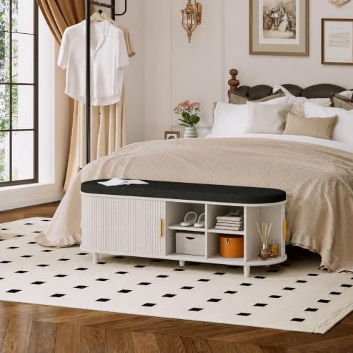 DHH 2-Tier Storage Bench,Wide Shoe Bench with Thickened Padded Seat Cushion, Mid Century Modern Fluted Sliding Door and Adjustable Shelf, for Entryway, Living Room, Bedroom (Grayish White, 51.2”) - Image 6