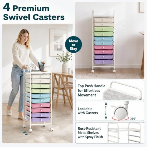 COSTWAY 10-Drawer Rolling Storage Cart, Ice Cream Colorful - Image 5
