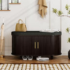 DHH 2-Tier Storage Bench,Wide Shoe Bench with Thickened Padded Seat Cushion, Mid Century Modern Fluted Sliding Door and Adjustable Shelf, for Entryway, Living Room, Bedroom (Dark Walnut, 35.4“) by DHHFurnitureBuyNow