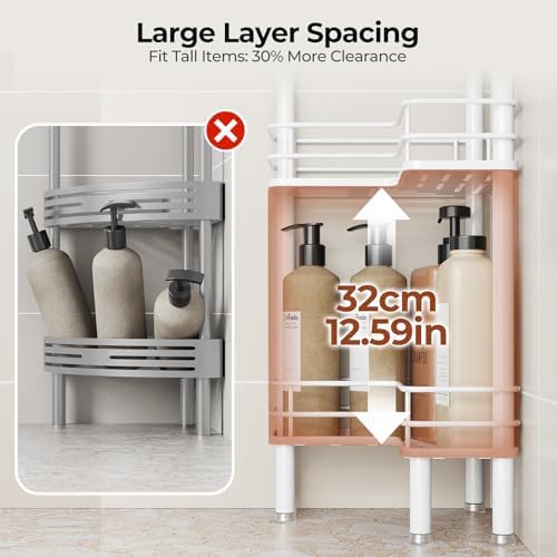 Orimade Rustproof 4 Tier Floor Standing Corner Shower Caddy Organizer with Toothbrush Holder, Large Spacing Floor Shower Shelf Rack Storage Stands with Hooks for Bathroom Kitchen, White - Image 6