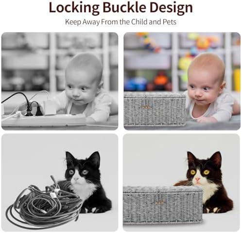 Cable Management Box, Desk Handwoven Rattan Cord Hider Cable Organizer Box With Lid Button Lock, Power Strip Cover Wicker Decorative Basket, Floor Wire Hiding Extension Cord Box (grey) - Image 4