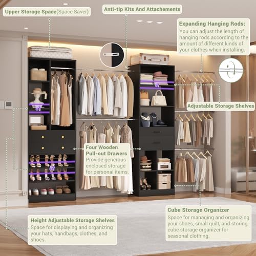 Besiost Closet System, Up to 128.6"/10.7 FT Closet Organizer with 4 Wooden Drawers and Shelves, Walk-in Closet System with 6 Hanging Rods, Built-in Closet Can Fit 96"/8FT, 120"/10FT, Black Set 2 - Image 2
