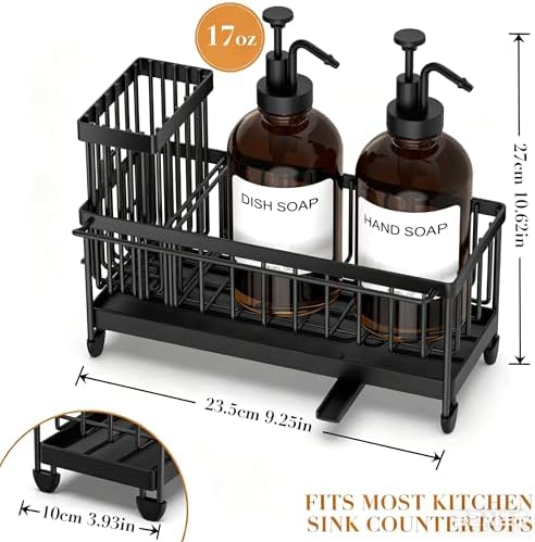 Kitchen Soap Dispenser Set with Sponge Holder and Towel Rack, 17OZ Glass Bottle, Hand and Dish Soap Dispenser Set, Non-Slip Silicone Pad, Brush Holder, Kitchen Sink Caddy Organizer Countertop (Amber) - Image 2
