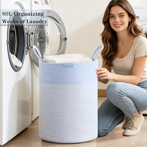 Blue Hamper Tall Woven Laundry Basket 80L Large - Image 4