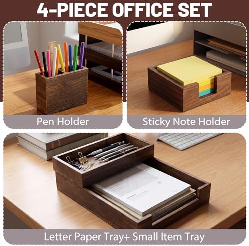 4 Pack Wood Office Supplies Desk Organizer Set for Front-load Documents Tray, Sticky Note Holder, Pen Cup, Stackable Small Letter Mail Sorter Tray, Workspace Decor for Women Men (Brown) - Image 3