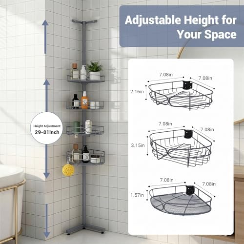 Standing Shower Caddy Corner, 4-Tier Adjustable Height Bathroom Organizer, 6-Section Pole, Sturdy Floor Standing Shelf for Shower – No Drilling, No Spring Tension (Gray) - Image 3