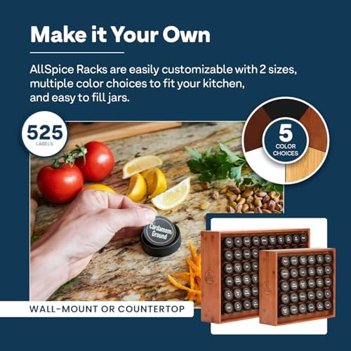 AllSpice Spice Rack Organizer, Wood, 525 Unique Labels, Countertop or Wall Mount, Includes 60 4oz Jars- Cherry Stain - Image 4