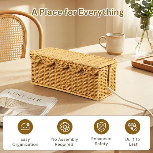 2Pcs Scalloped Edge Cable Management Box, Handmade Rattan Cord Organizer - Image 3