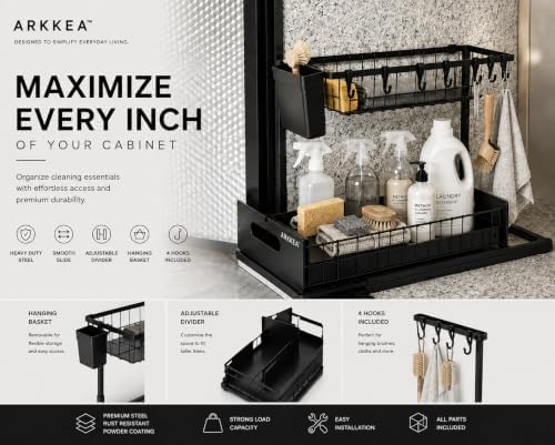 2-Tier Under Sink Organizer, Pull-Out Sliding Drawer, Heavy Duty Metal Storage Rack with Hooks, Hanging Basket & Adjustable Divider for Kitchen and Bathroom - Image 3