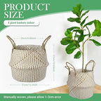 Qunclay 4 Pack Woven Seagrass Baskets Belly Basket Folding Boho Plant Pot with Handles Round Decorative Wicker Large Indoor Planter for Home Outdoor Tree Planters Decor(Natural, White) - Image 2
