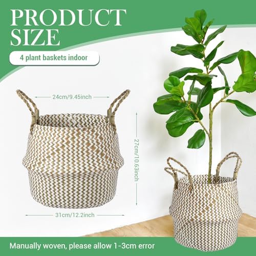 Qunclay 4 Pack Woven Seagrass Baskets Belly Basket Folding Boho Plant Pot with Handles Round Decorative Wicker Large Indoor Planter for Home Outdoor Tree Planters Decor(Natural, White) - Image 2