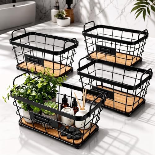 4 Pcs Black Metal Wire Storage Baskets with Wood Bottoms,Small by Otoolling