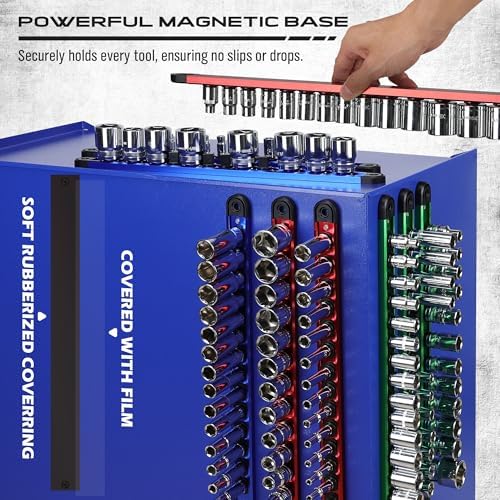 Magnetic Socket Holder Organizer Set: 9-Piece Detachable 1/4, 3/8, 1/2 Socket Trays Socket Organizer for Tool Box Drawer Holds 120-Piece Standard Size Sockets for Automotive Garage(Blue Red Green) - Image 4