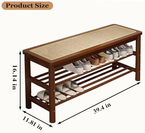 SOBIBO Bamboo Shoe Rack Bench with Rattan Seat, 3-Tier Shoe Storage Bench, Entryway Bench for Hallway,Walnut 39.4 inches - Image 2