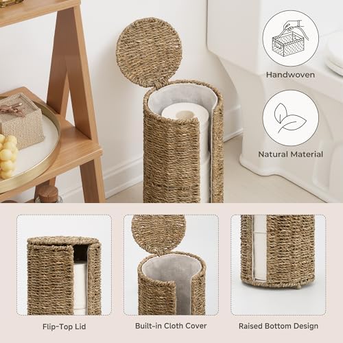 StorageWorks Seagrass Free Standing Toilet Paper Holder Stand for Bathroom, 3 Rolls of Toilet Tissue Storage with a Built-in Cloth Lining, Toilet Roll Holder Stand with Lid - Image 5