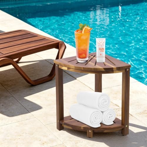 Corner Shower Stool with Storage Shelf, Shower Foot Rest for Shaving Legs, Corner Shelves Shower Caddy Stand, Shower Stool, Sturdy Bathroom Organizer for Kitchen, Living Room–Acacia Wood - Image 6