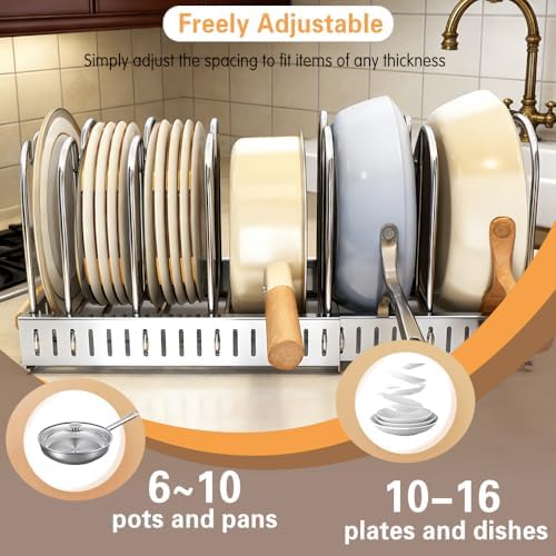 Expandable Pot and Pats Organizer for Cabinet 304 Stainless Steel, 10 Adjustable Dividers Expandable Cookware Rack for Cutting Boards Frying Bakeware, Expanded Size 22.64" Lx7.28 Wx7.68 H - Image 3