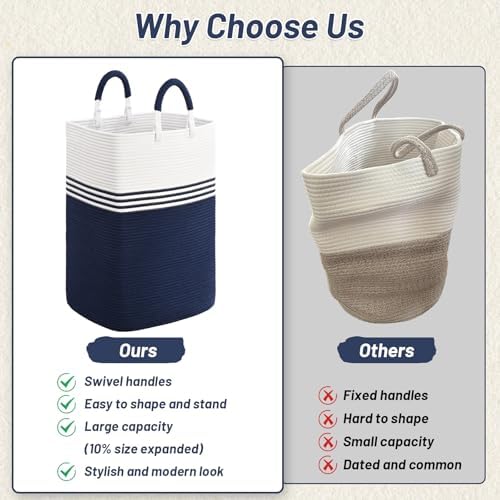 Laundry Basket Hamper,Blanket Storage,Dirty Clothes Hamper with Swivel Handles,Woven Cotton Rope Toy Baskets,Blanket Basket Living Room,Decorative Hampers for Nursery,Bedroom,White & Blue,80L - Image 4