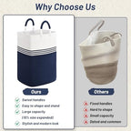 Laundry Basket Hamper,Blanket Storage,Dirty Clothes Hamper with Swivel Handles,Woven Cotton Rope Toy Baskets,Blanket Basket Living Room,Decorative Hampers for Nursery,Bedroom,White & Blue,80L - Image 4