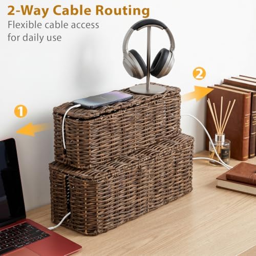 2 Pack Handwoven Cable Management Box with Lid, Decorative Cord Organizer for Power Strips, Chargers, TV Wires, Desk, Home & Office Storage, Plastic Rattan Tube - Image 5