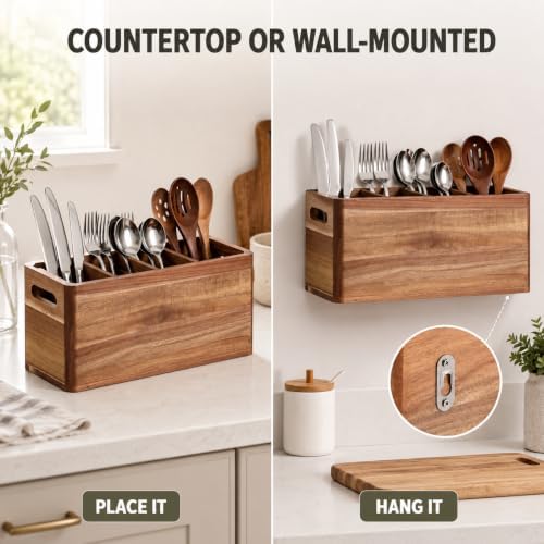 Acacia Wood Silverware Caddy, 4-Compartment Countertop Organizer - Image 5