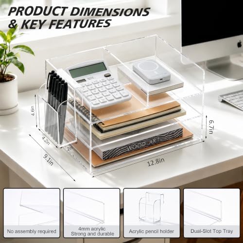 Clear Acrylic Desk Organizer with Pencil Holder – Paper Tray Office Storage - Image 2