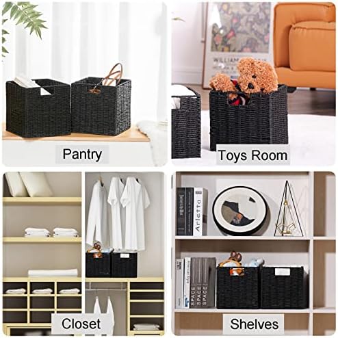 Vagusicc Storage Basket, Set of 2 Hand-Woven Storage Baskets for Organizing with Handles, Foldable Cube Storage Baskets Bins Organizer, 13 inch Large Wicker Baskets for Shelves & Decor, Black - Image 5