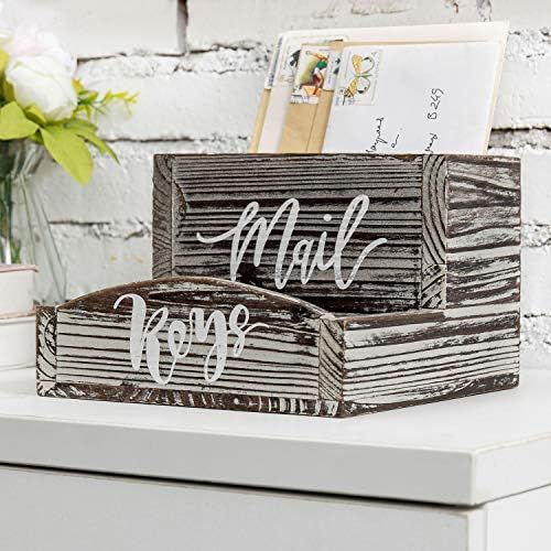 MyGift Rustic Torched Wood Mail Holder and Key Organizer Entryway Storage Tray with Cursive Mail and Keys Word Design, Office, Dorm, Classroom Desktop Organizing Bin - Image 3