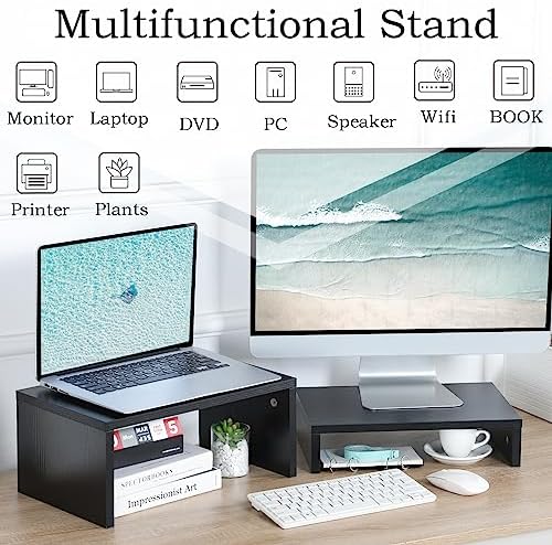 TEAMIX 2-Pack Monitor & Laptop Stand Riser,Wood High-Low Dual Monitor Setup - Image 5
