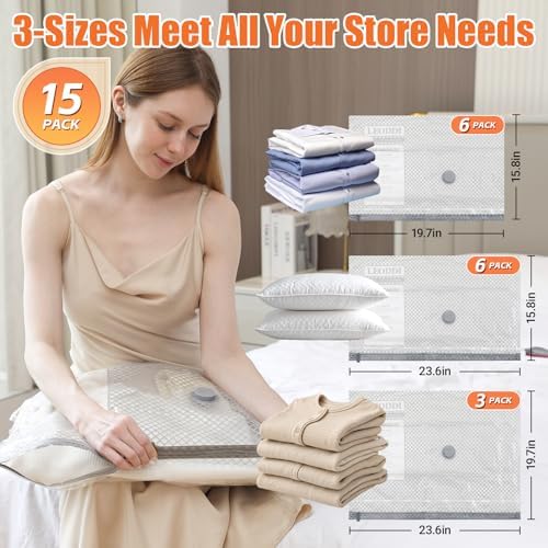Vacuum Storage Bags for Travel with Rechargeable Cordless Pump, Space Saver Vacuum Seal Bags for Clothing, Compression Packing Bags for Luggage Travel & Seasonal Clothes, 15 Combo Size - Image 2