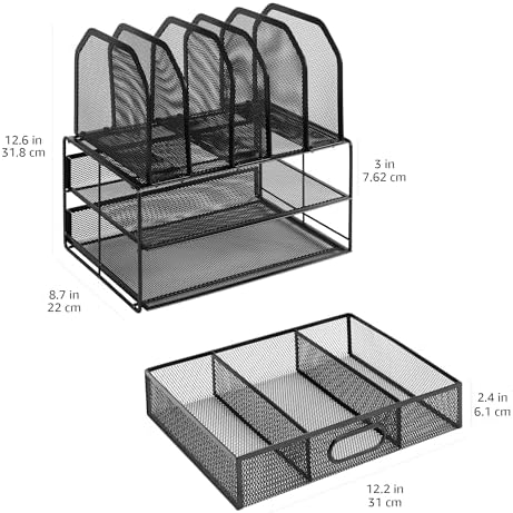 Amazon Basics Mesh Desk Organizer with Sliding Drawer, Double Tray and 5 Upright Sections, File Holder for Office Supplies, Paper Letter Tray, Black - Image 4