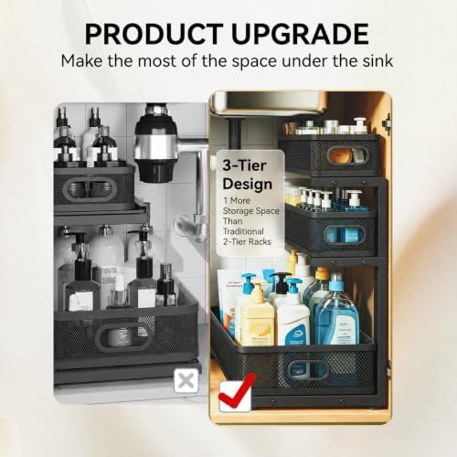 1 Pack 3 Tier Under Sink Organizer with Pull Out Drawer, Height Adjustable Heavy Duty Metal Under Cabinet Organizer, Smooth Sliding Storage Shelf for Kitchen, Bathroom Cabinet Organization, Black - Image 3