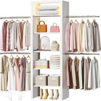 100'' Closet System with 4 Hanging Rods & LED Lights, 2-8 FT Wood Closet Organizer Systems with 5 Shelves, 6 Height Adjustable, Walk-in Closet Organizer Wardrobe Clothes Rack, Garment Rack, White by HUAHUU