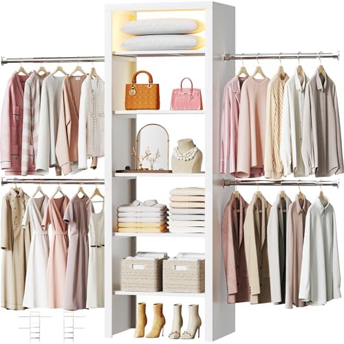100'' Closet System with 4 Hanging Rods & LED Lights, 2-8 FT Wood Closet Organizer Systems with 5 Shelves, 6 Height Adjustable, Walk-in Closet Organizer Wardrobe Clothes Rack, Garment Rack, White by HUAHUU