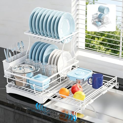 2 Tier Dish Drying Rack, Large Extendable Dish Racks for Kitchen Counter , Dishrack with Drainboard, 2-in-1 Anti-Rust Stainless Steel Dish Drainer with Utensil Holder (White, double of Dish Rack) by Unknown
