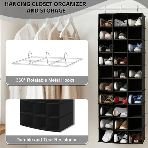 30 Section Hanging Shoe Organizer for Closet, Hanging Closet Organizer and Storage Space-Saving Foldable Clothes Shelf with Sturdy Hooks for Wardrobe, Dorm, Bedroom, Rv, Black - Image 4