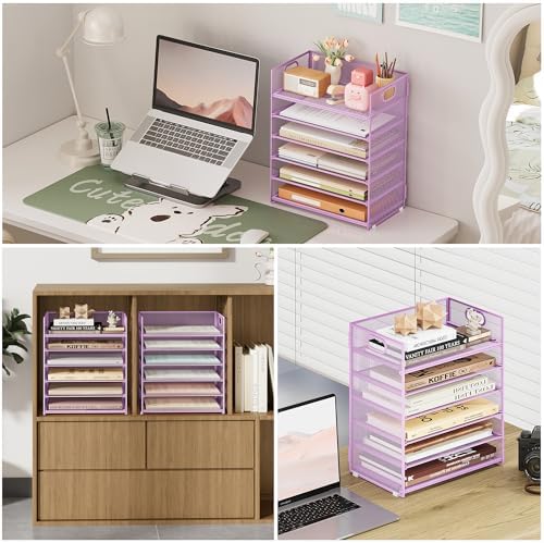 Subekyu 6-Tier Desk Paper Organizer, Desktop File Letter Tray with Handle, Document Sorter and Accessories Holder for Office, Home and School Workspace Organizers, Purple-2 Pack - Image 3