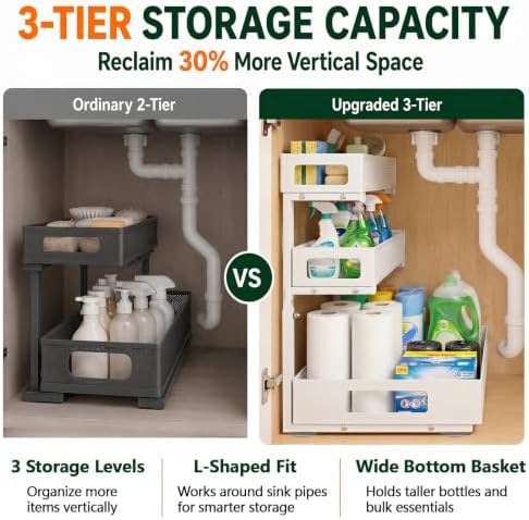 3 Tier Under Sink Organizer for Bathroom, Pull Out Drawers, 2 Pack - Image 6