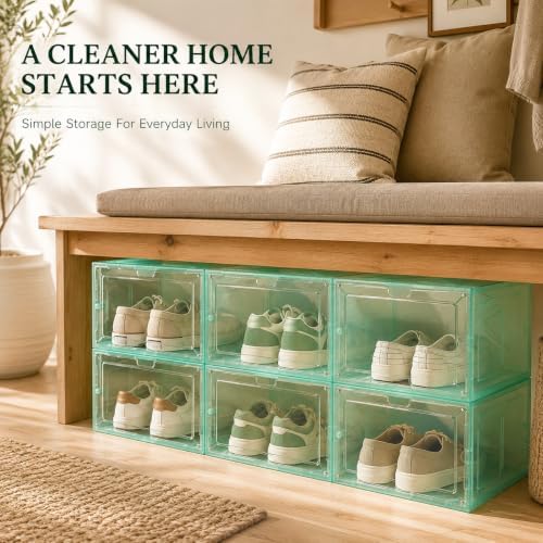 Stackable Clear Green Shoe Boxes 6 Pack with Magnetic Door, Drop Front Sneaker Storage Organizer for Closet, Large Transparent Plastic Shoe Storage Containers - Image 4