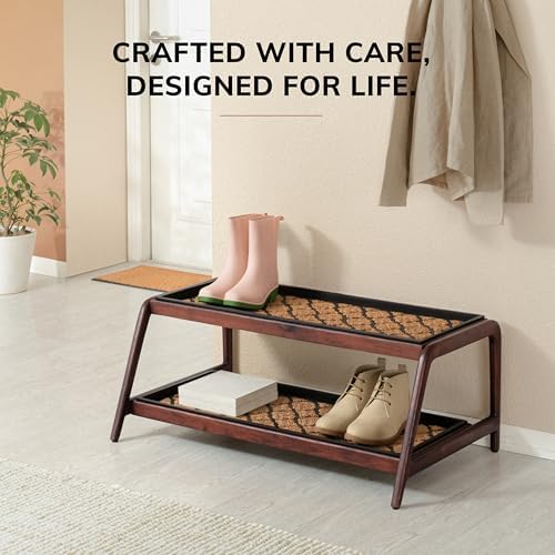 Anji Mountain Heavy Duty Waterproof Wooden Shoe Storage Mat Organizer/Boot Storage Tray Multi Use for Entryway with Coir, Tan and Black Trellis Insert, 2 Tier, Fits 6 Pair (36.5" Wide) - Image 5