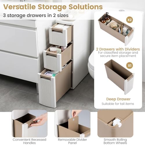 Giantex 3-Tier Narrow Storage Cabinet, Slim Rolling Cart with 3 Drawers & 2 Removable Dividers, Plastic Storage Organizer with Wheels for Small Spaces Bathroom Kitchen - Image 6