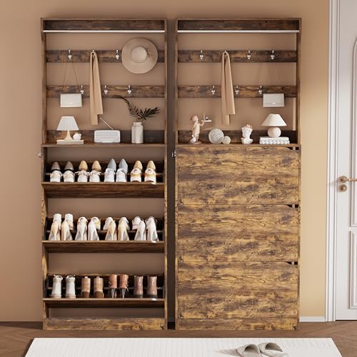 Brown Hidden Shoe Cabinet with 3 Flip Drawers & Coat Rack, Entryway - Image 3