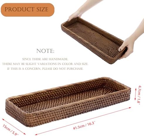 Sumnacon 16 Inch Rattan Bathroom Vanity Tray - Decorative Wicker Toilet Tank Tray for Paper Hand Towel,Vintage Storage Basket Bin for Bathroom Kitchen Toilet Tank Vanity Countertop Table Shelf,Brown - Image 4