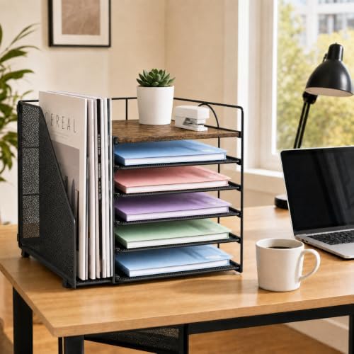 LEKETREE Desk Organizers and Accessories, 5-Tier Paper Letter Tray Organizer with File Holder, Desktop Organizer for Office Supplies (Wood) - Image 3