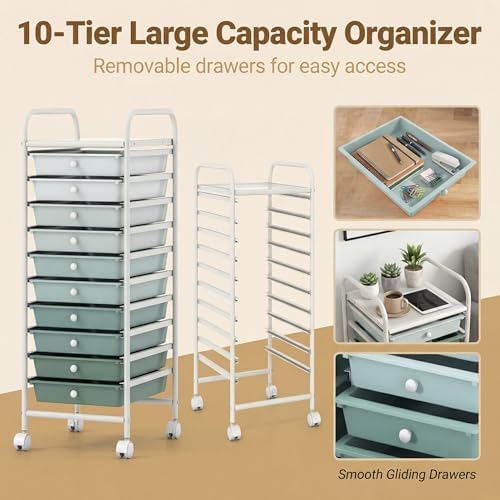 COSTWAY 10-Drawer Rolling Storage Cart, Utility Mobile Trolley - Image 4
