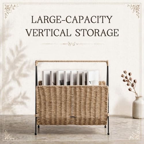 Novabright Hand Woven Magazine Holder with Metal Stand, Large Wicker Book Storage Basket, Decorative Newspaper Mail Storage Rack for Living Room, Bedroom, Bathroom, Home, Office, 13.78 x 14.17 x 3.94 - Image 5